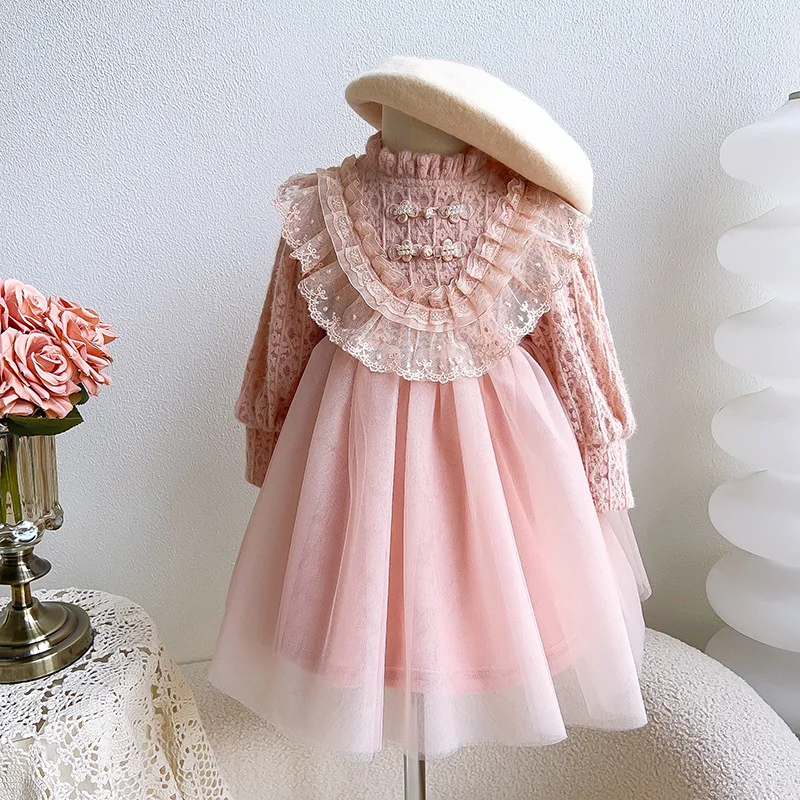 Зимнее платье для девочек плюшевые толстые кружевные платья принцессы детские