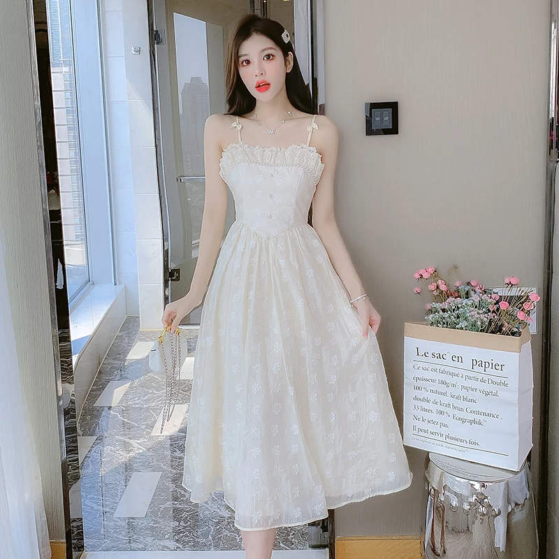 

COIGARSAM Summer Dress Women 2022 New French Style Spaghetti Strap Apricot Dresses Dropshipping