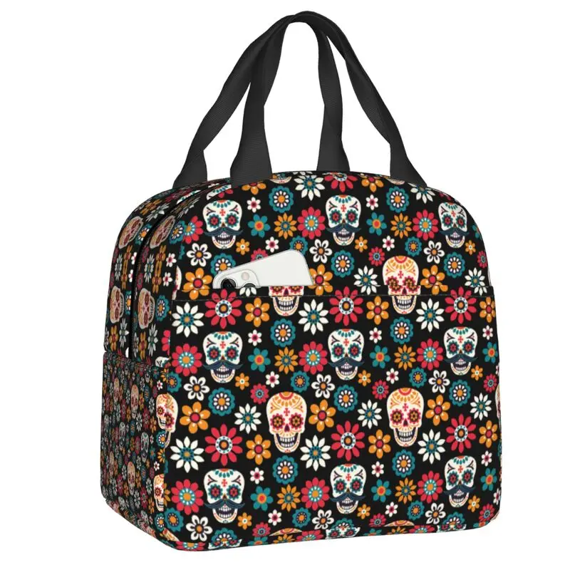 

Mexican Sugar Skull Insulated Lunch Bag for School Halloween Day Of The Dead Leakproof Thermal Cooler Lunch Box Women Kids