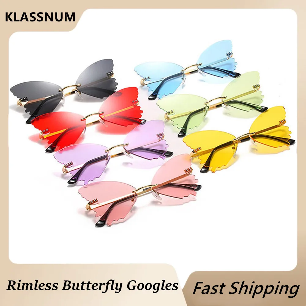 

KLASSNUM Fashion Butterfly Sunglasses Women UV Protection Glasses Personality Fashion Prom Party Goggles UV400 Rimless Eyewear