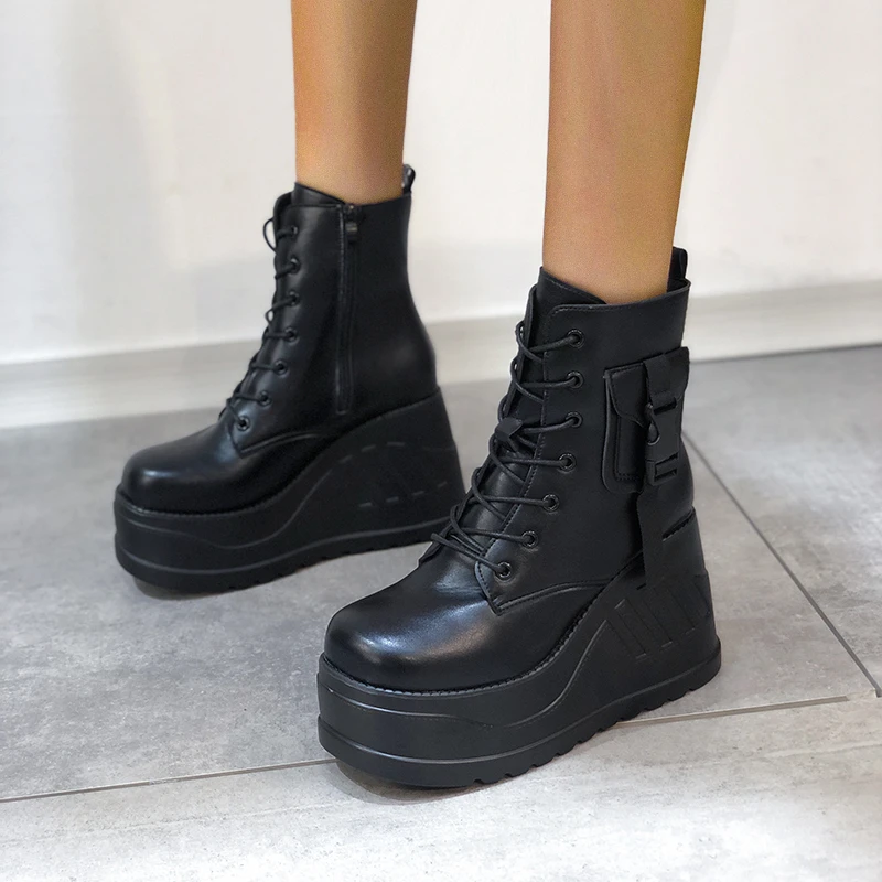 

Platform Motorcyle Boots Wedges Women's Boots Lace Up Trendy INS Hot Sale Chain Casual Luxury Women's Shoes Platform Shoes
