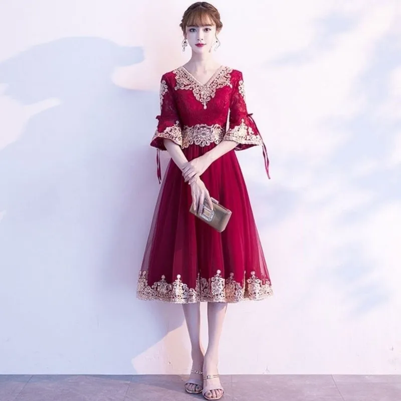 

Embroidery Oriental Style Toast Dress Bride Traditional Wedding Cheongsam Elegant Red Skirt Bridal Clothing Evening Party Gowns