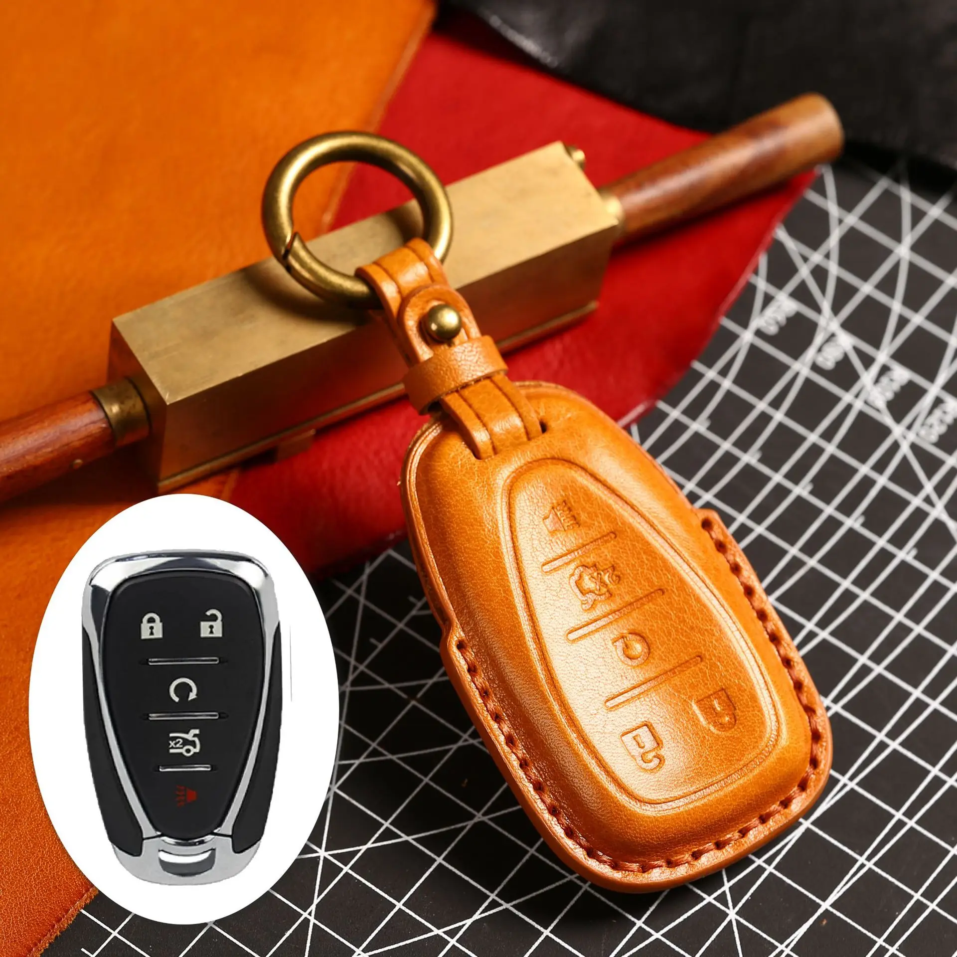 

Genuine Leather Car Key Case Cover Fob for Chevrolet Chevy Camaro Cruze Malibu Sonic Volt Tracker Spark Bolt Trax Keyless