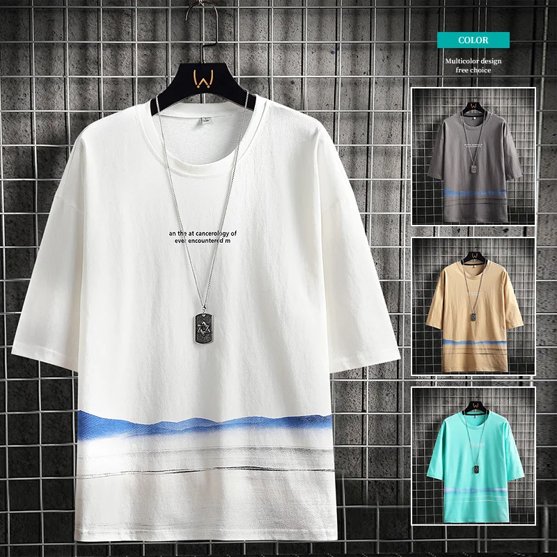 

100%Cotton Short SleeveTT-shirt Men Summer Trendy Loose-Clothes Trendy Brand Hong Kong Style Student Elbow-Sleeve Half-SleeveTT-