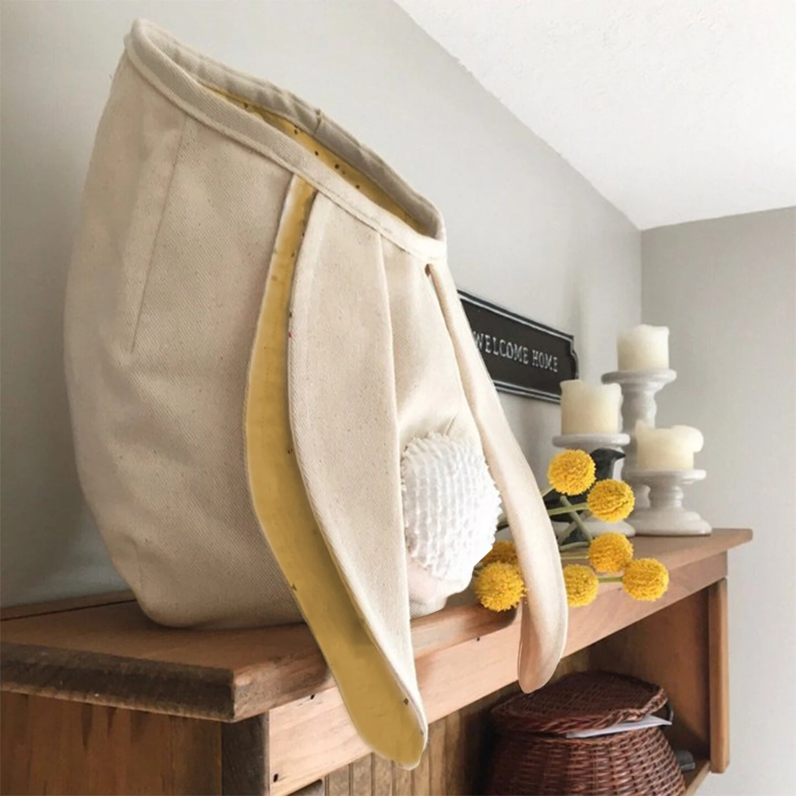 

Easter Bunny Ears Basket Fabric Hanging Candies Gifts Bucket for Home Easter Party Living Room Decorations Bunny Ear Tote Bag