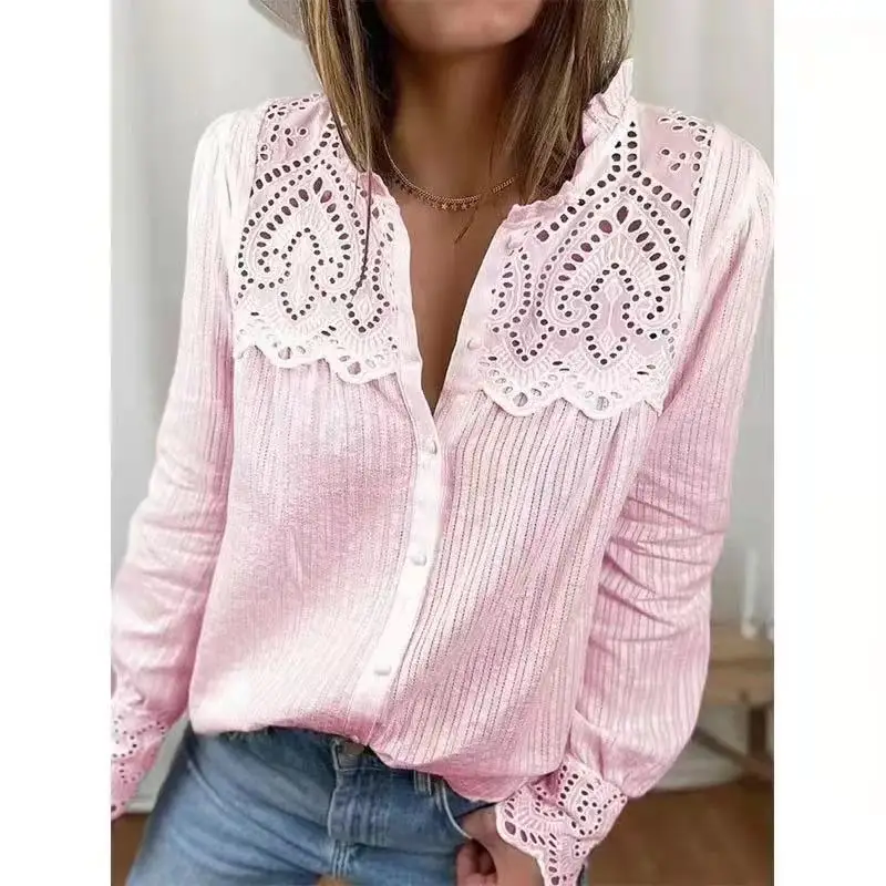 

Sexy Office Blouse Hollow Lace Shirt Top Fashion Vintage Autumn Woman Blouses Long Sleeve Loose Casual Tops Spring Button Shirts