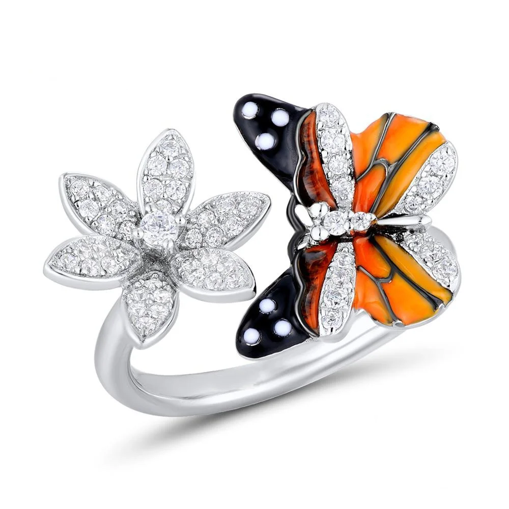 

New Fashion Trend Personality Women's Ring Enamel Color Epoxy Flower Butterfly Ring Full of Rhinestone Zircon Creative Jewelry