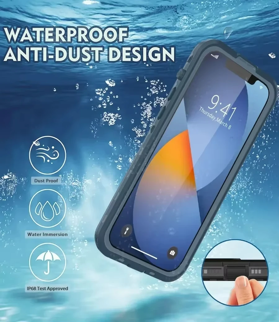 Фото Полностью герметичный прозрачный водонепроницаемый чехол IP68 для iPhone 16 ProMax 16e 15 14 Plus 13 12 11 Мини-противоударный чехол с защитной пленкой для экрана №2