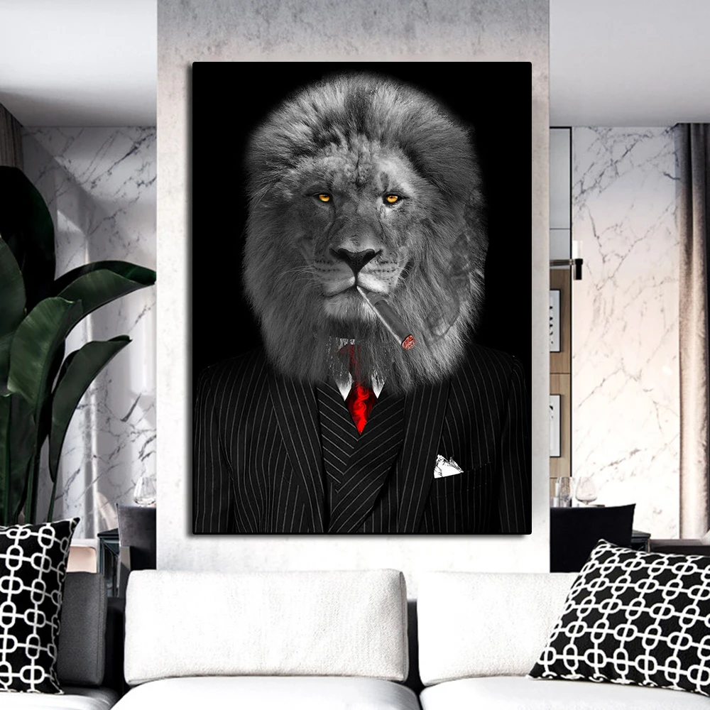 

Modern Funny Lion Black Suit Portarit Poster Print Canvas Painting Wall Art Animal Smoking Picture Nordic Living Room Home Decor