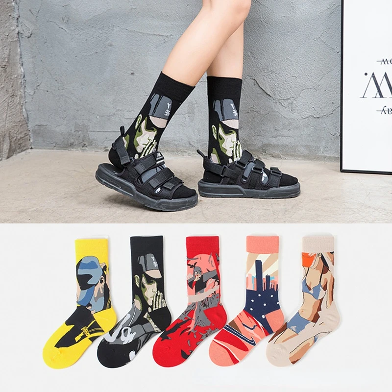 

Portrait jacquard mid-tube women's cotton socks breathable cotton black trend couple socks