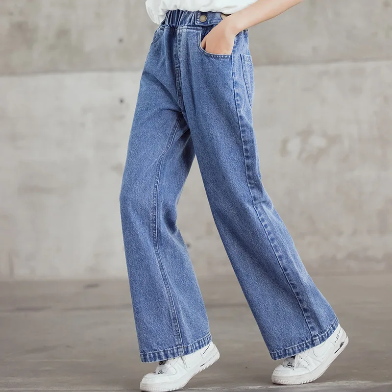 

New Casual Style Jeans For Girl Teenage Clothes Elastic High Waist Denim Wide Leg Pants Spring Big Kids Straight Trousers 5-14Y