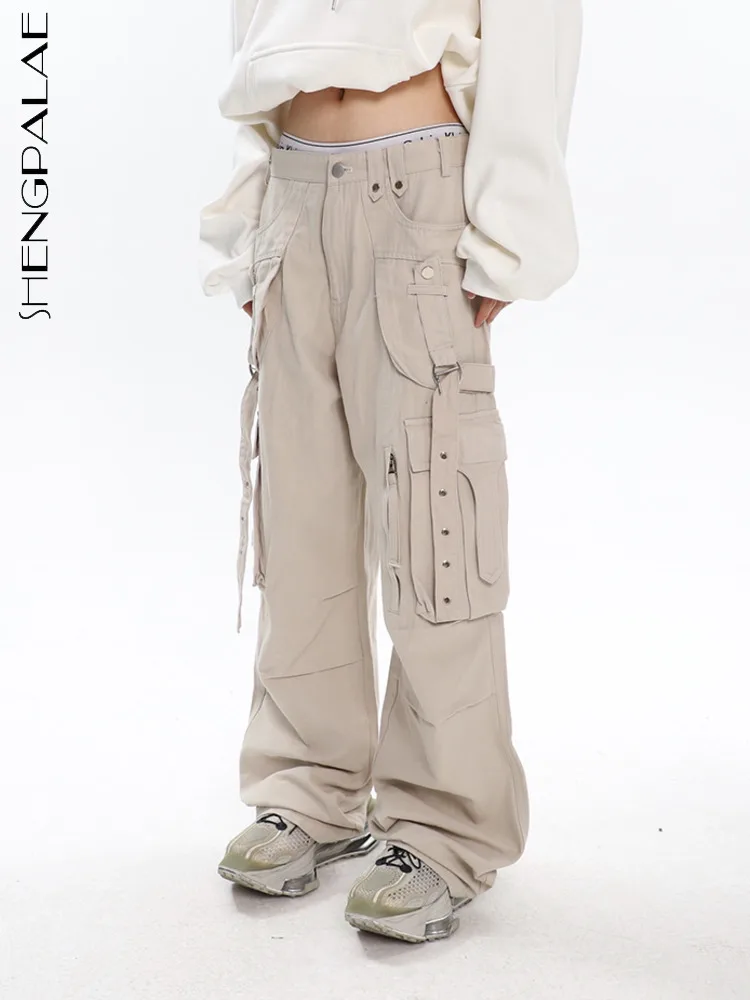 

SHENGPALAE Multi-pocket Wide Leg Overalls High Street American Style Pleated Loose Cargo Pants Women Trousers 2023 Spring 5R1104