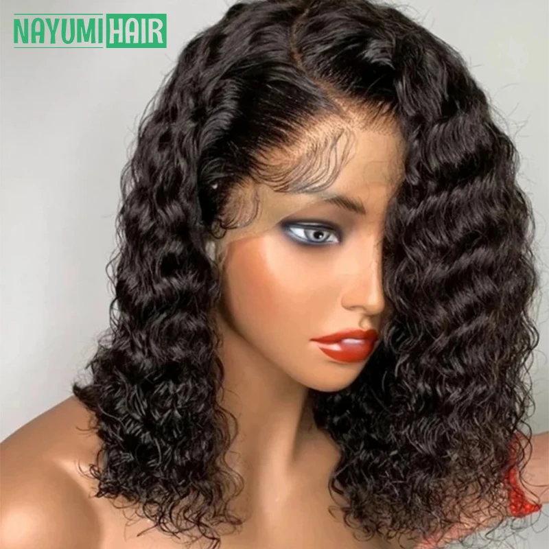 

Short Curly Bob Wig Lace Front Human Hair Wigs For Black Women 14Inch Water Wave 13x4 Lace Frontal Wig Pre Plucked Cheap Bob Wig