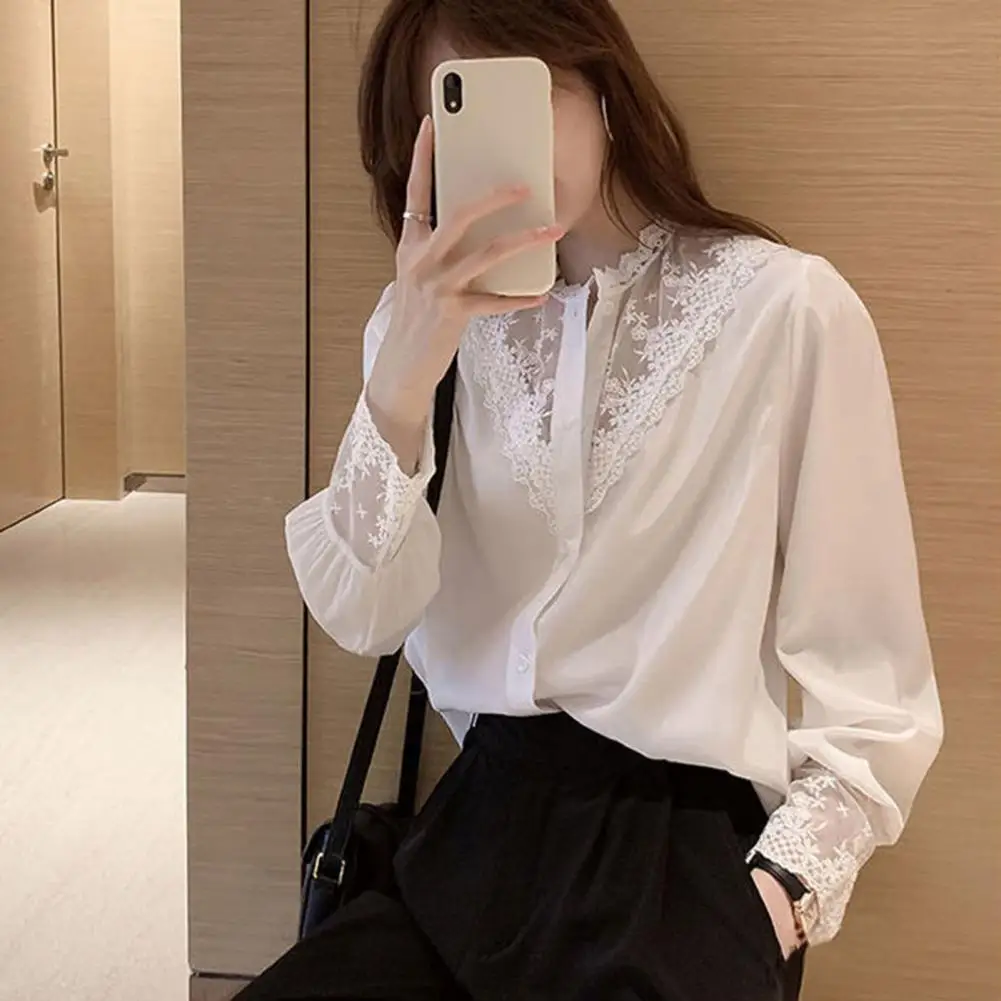 

Lightweight Women Top Floral Embroidered Lace Patchwork Women's Shirt Elegant Stand Collar Soft Spring-fall Top for Ol for Women