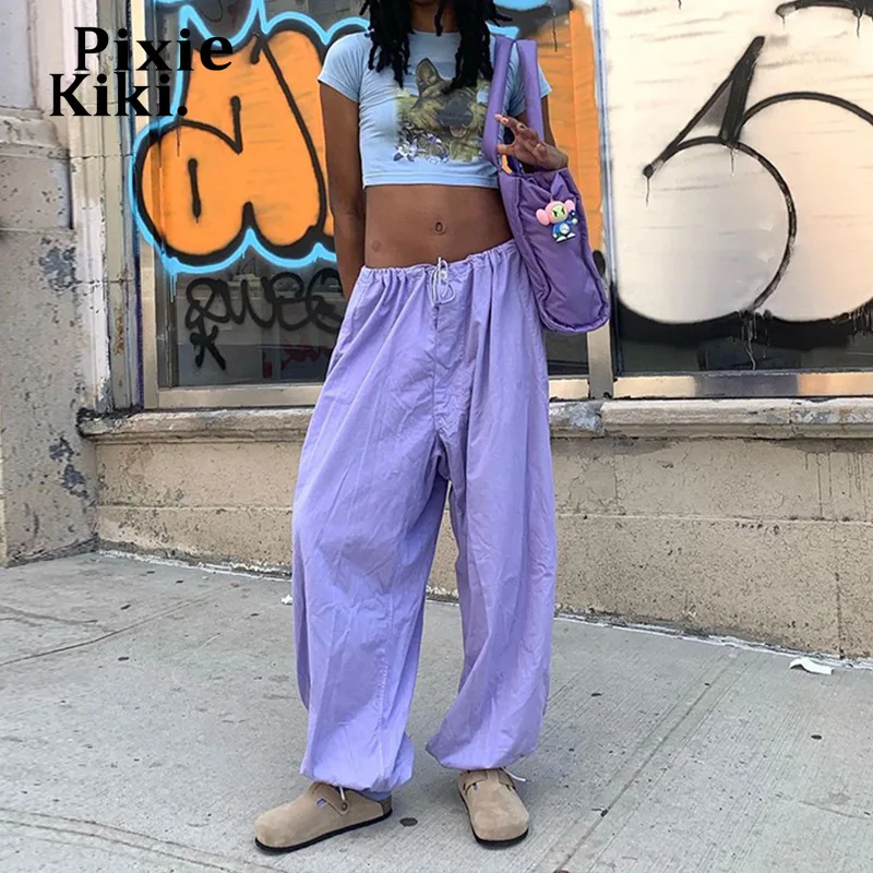 

PixieKiki Trendy Drawstring Low Rise Baggy Pants Purple Y2k Streetwear Wide Leg Jogger Pants Women Casual Trousers P84-DF43