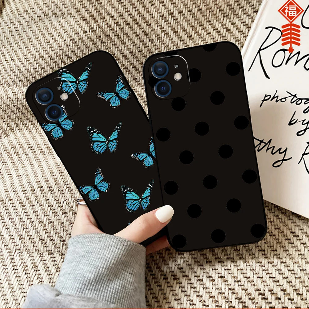 

Simple Flower And Grass Smiley Phone Case For Funda iPhone 13 12 11 Pro Max Mini X XR XS Max SE 2020 6 6s 7 8 Plus Coque Black