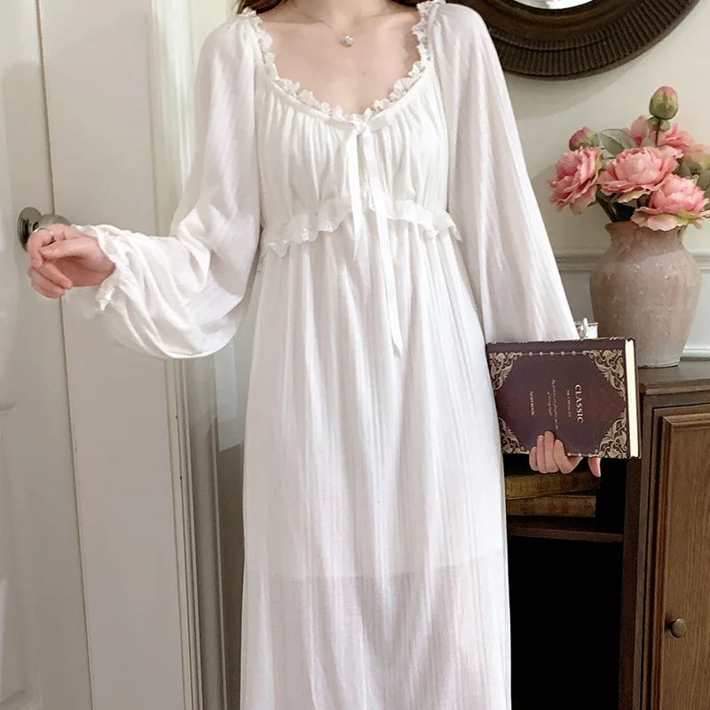 Nightgowns For Women New Long Sleeve Night Dress Large Size Loose White Nightdress Retro Ladie's Nightwear Princess Nightshirt