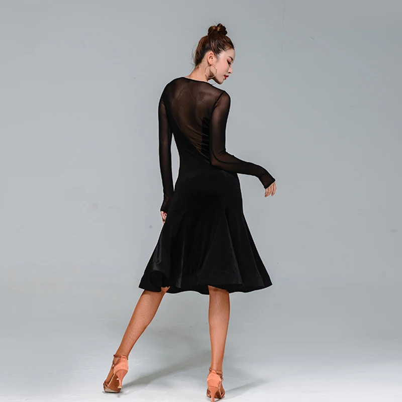 Платье для латинских танцев женское черное бархатное платье с длинными рукавами
