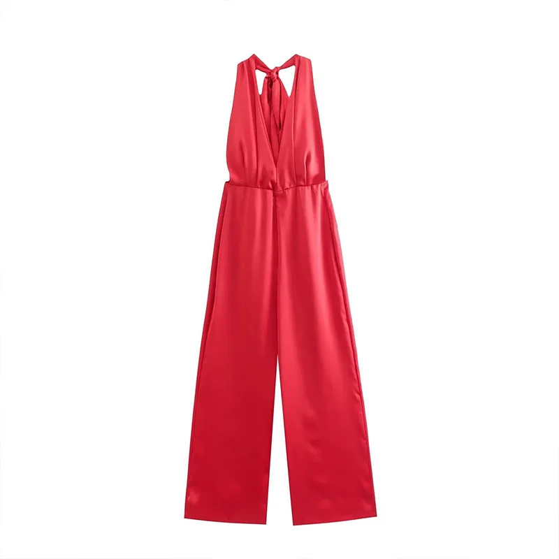 

ZATRHMBM New Fashion Silk-Satin Halterneck Jumpsuit Ladies 2022 Vintage Sleeveless Red Wide Leg Women Jumpsuit Long Elegant