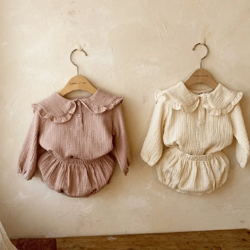2pcs Newborn Baby Girls Clothes Organic Cotton Ruffled Collar Lapel Long Sleeve Shirt Top + Bread Pants Korean Casual Clothing