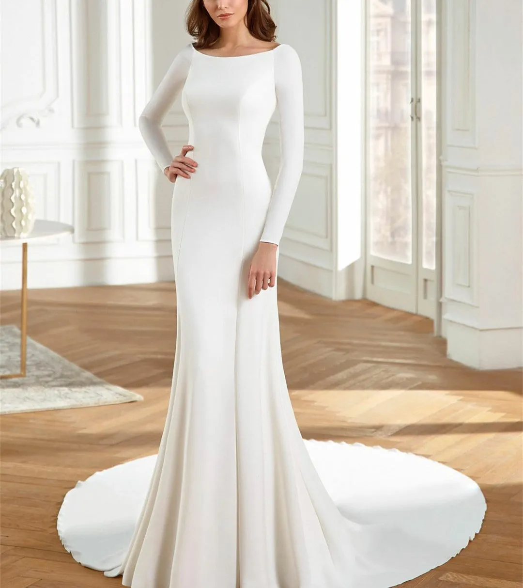 

Elegant Long Sleeves White Spandex Bridal Gown Custom Made Court Train Mermaid Wedding Dresses