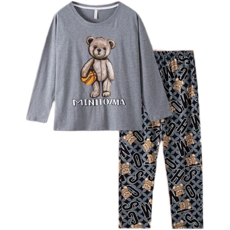 QWEEK Pajama Set Women Sleepwear Kawaii Bear Couples Pijamas Spring Autumn Nightwear Same Style for Men and Female Loose Pyjamas