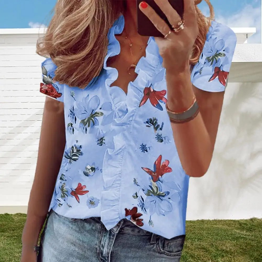 

Женский топ, свободная футболка с V-образным вырезом и оборками по краям, женская футболка с коротким рукавом и цветочным принтом для свидания