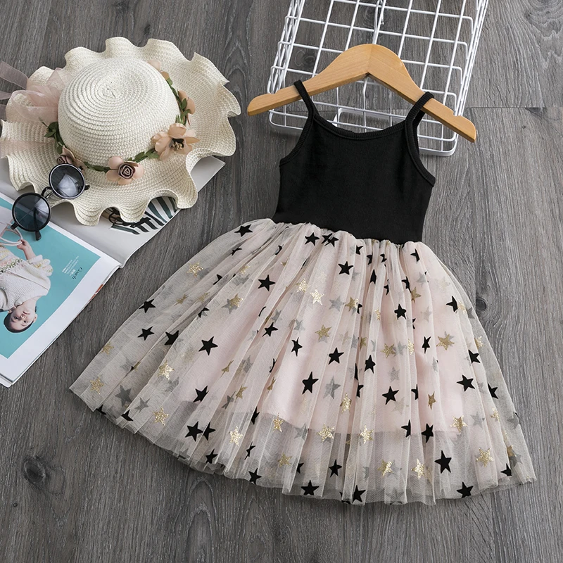 

3 4 5 6 7 8 Year Girls Dress Summer Lace Sling Casual Dresses for Baby Girl Pentagram Pattern Clothes Birthday Party Dress