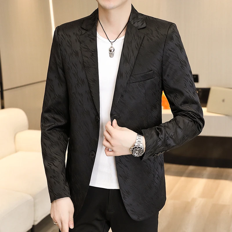 

2023 Four Seasons men's boutique fashion all-match handsome party dress suit jacquard edged solid color suit coat coat top