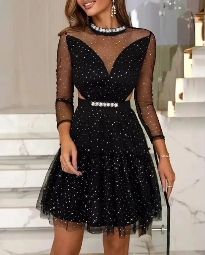 

Elegant Dresses for Women Casual New Fashion 2023 Casual Contrast Mesh Frill Hem Polka Dot Pattern Party Mini Dress