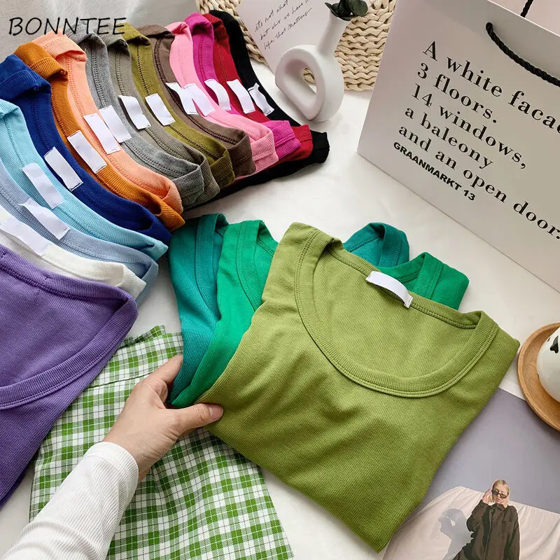 

Short Sleeve T-shirts Women Solid O-neck Sexy Slim Casual Daily All-match Korean Style Breathable Basic Design Fashion Cozy New