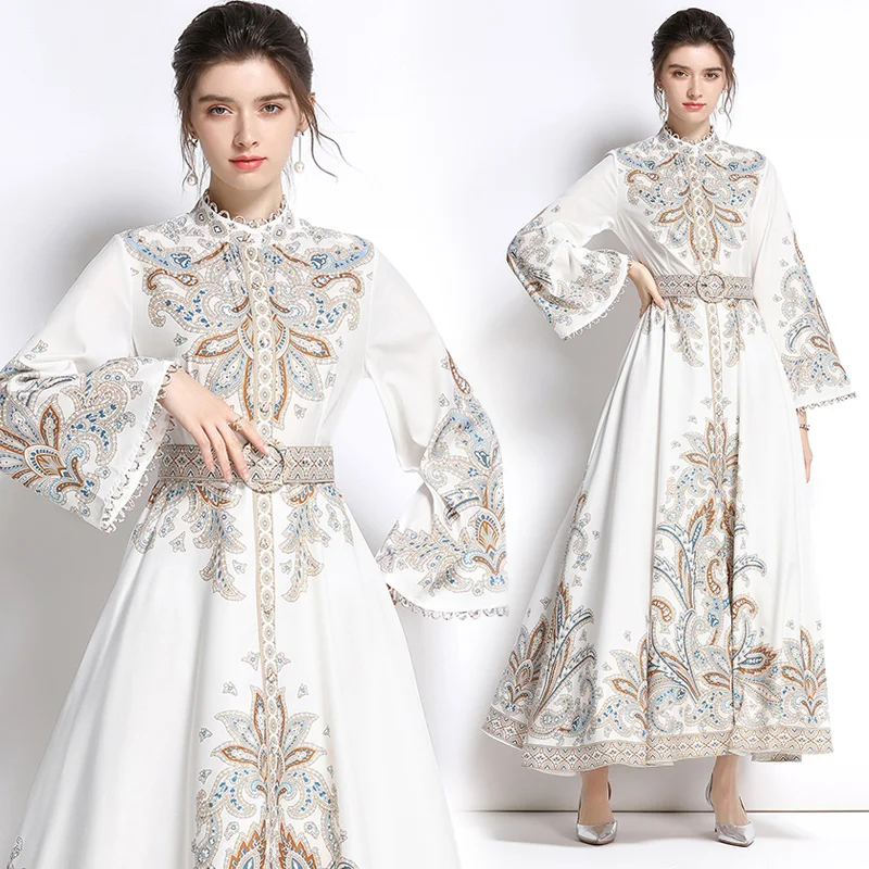 

Vintage Ethic Style Vacation Runway Dress Women Floral Print Elegant Maxi Long Dress Turkish Islamic Clothing Jalabiya With Belt