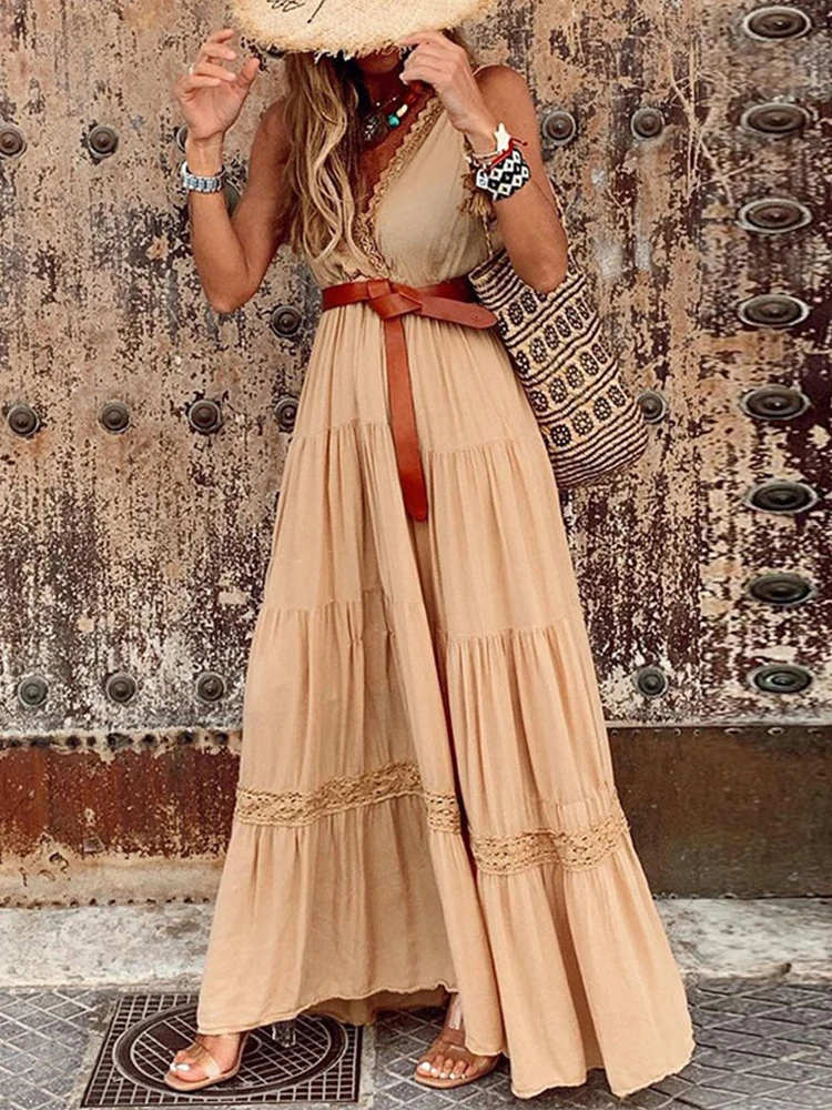 

Модные летние платья Shein 2022 для женщин, контрастное кружевное платье без рукавов с вырезом, Vestidos De Mujer, повседневное богемное Макси-платье