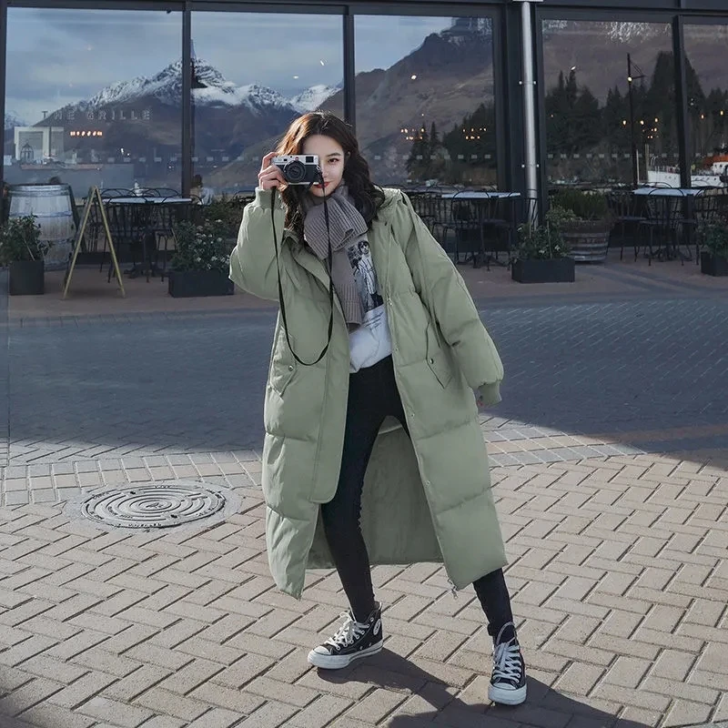 Women's Coat 2023 New Korean Version Loose Mid-Length Zipper Down Padded Jacket With Hood Thick Winter Outwear Female Trend