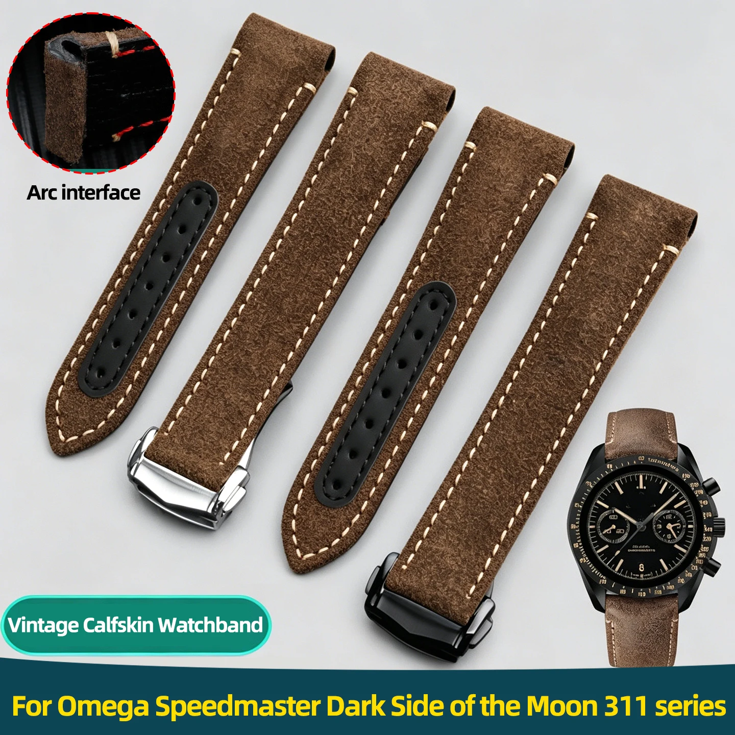 Фото Винтажный ремешок для часов из телячьей кожи 21 мм для Omega Speedmaster Dark Side of the Moon серии 311, мужской кожаный браслет черного, коричневого и серого цветов. №1