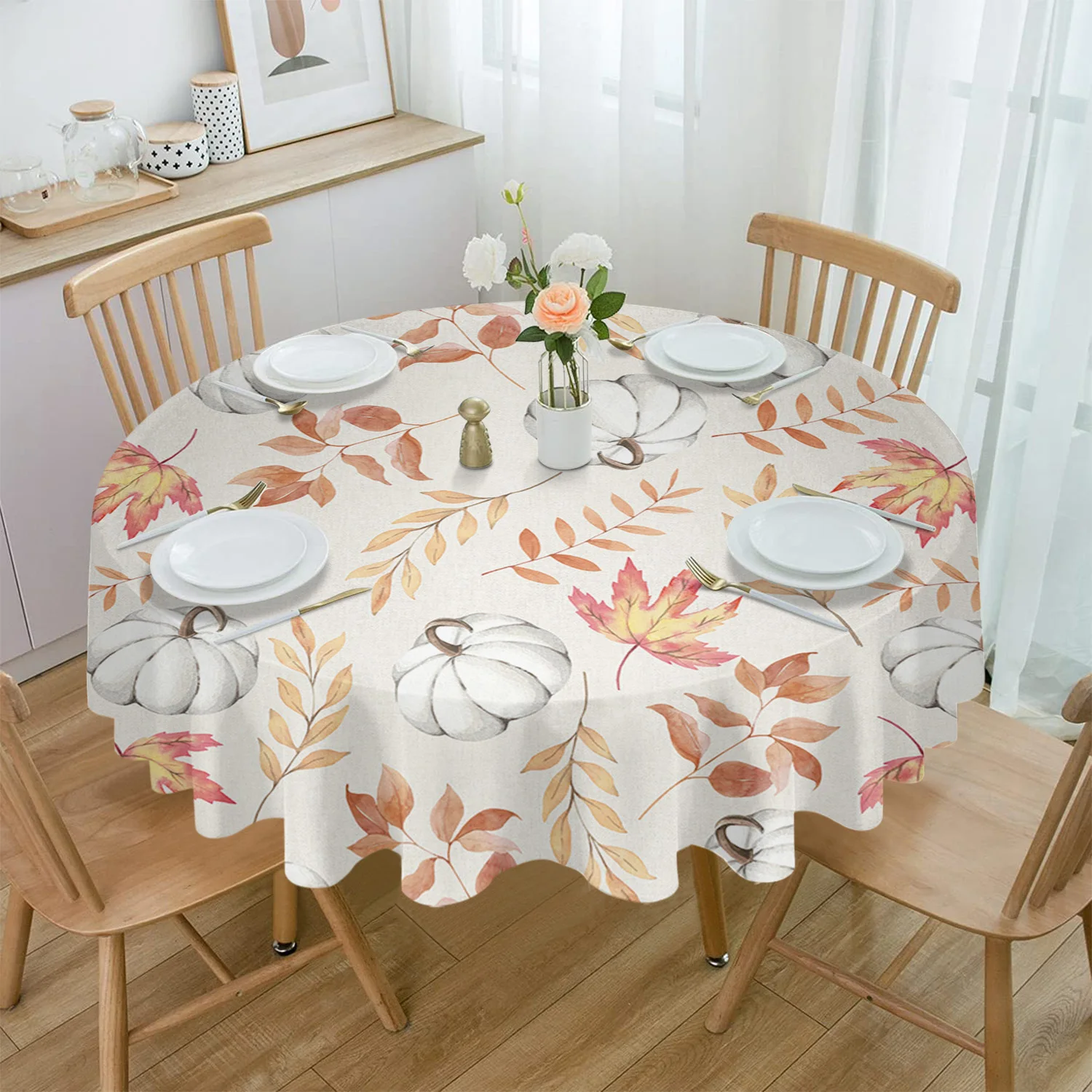 

Autumn Maple Leaves Pumpkin Round Tablecloth Party Kitchen Dinner Table Cover Holiday Decor Tablecloths Coffee Picnic Mat