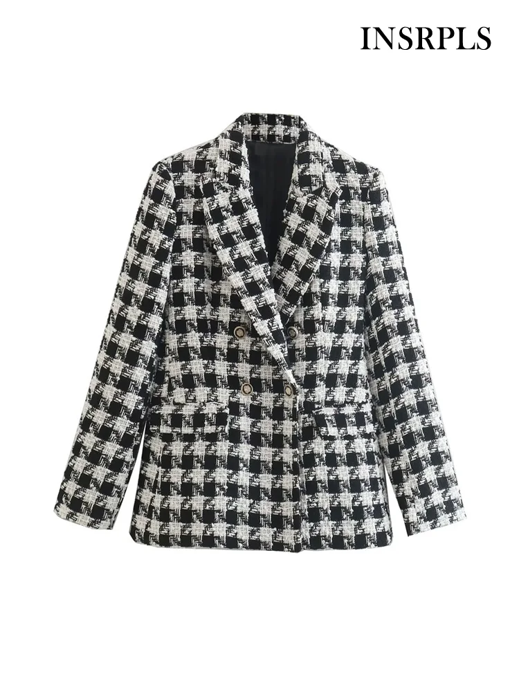 

INSRPLS Women Fashion Tweed Houndstooth Checkered Blazer Coat Vintage Long Sleeve Flap Pockets Female Outerwear Chic Veste