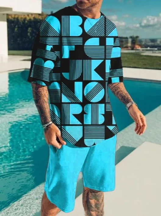 Street Letter Print Tracksuit Men's Summer Short Sleeve T-shirt Hawaii Style Short Pant 2-Piece Set Man Jogging Suit