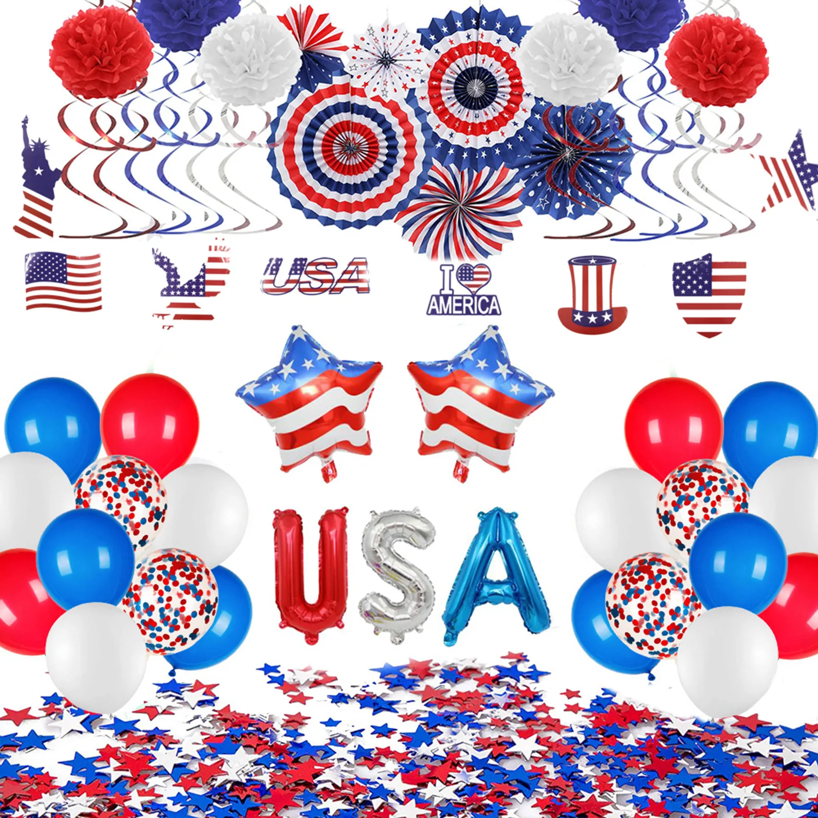 

4th Of July Party Decorations Independence Day Red Blue White Balloon Balloon Paper Fan Set Red White Blue American Theme