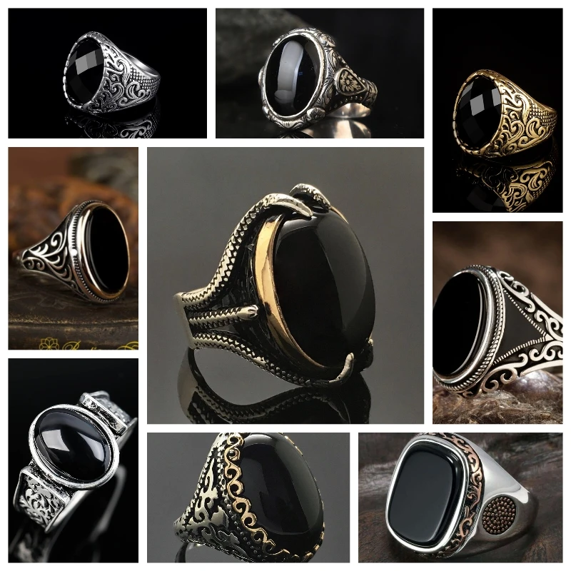 

Vintage Punk Rings for Women Men large Claw inlay oval aquare black stone flower Couple Ring fashion Jewelry Anillos