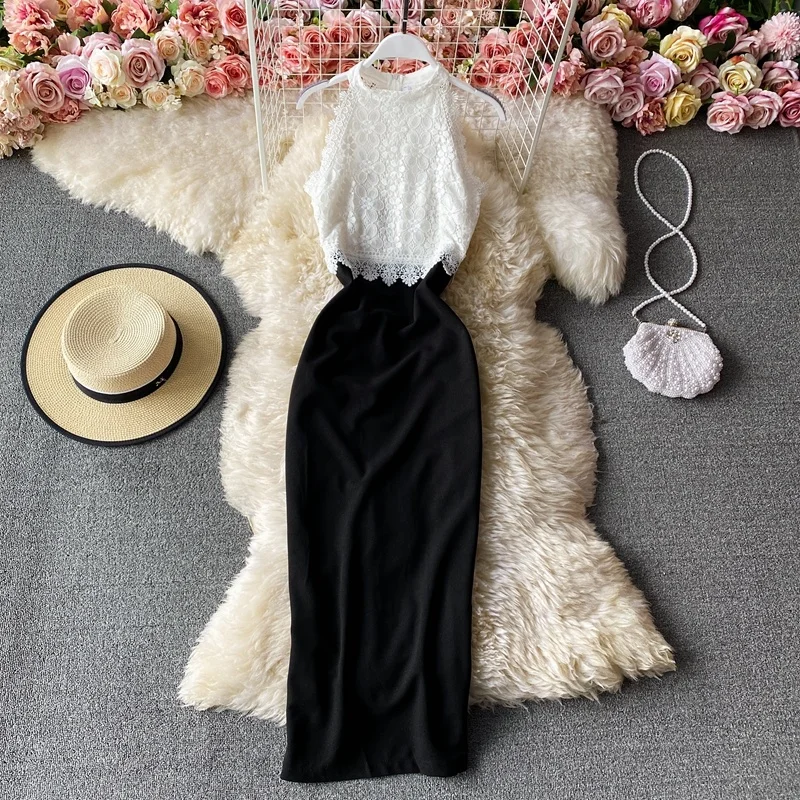 

Hanging Neck Standing Neck Off Shoulder Lace Splice Sexy Wrap Hip Dress Sleeveless Fashion Style Bottom Dress Banquet Dress
