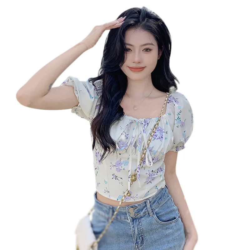 

Sweet Floral Print Square Neck Lace Up Blouse For Women Fashion Puff Short Sleeve Slim Tank Top Summer Girly Casual Crop Top