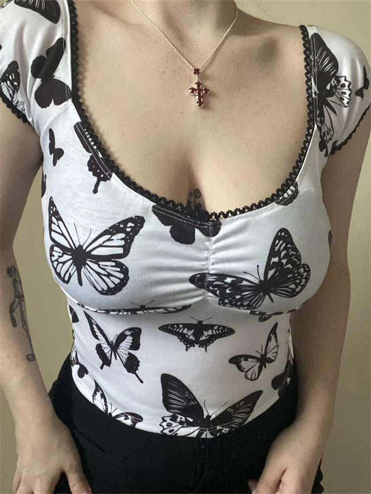 

hirigin Y2K Aesthetic Fairy Grunge Crop Tops Butterfly Graphic Print T-shirts 90s Vintage Square Neck Skinny Tees Shirts Women