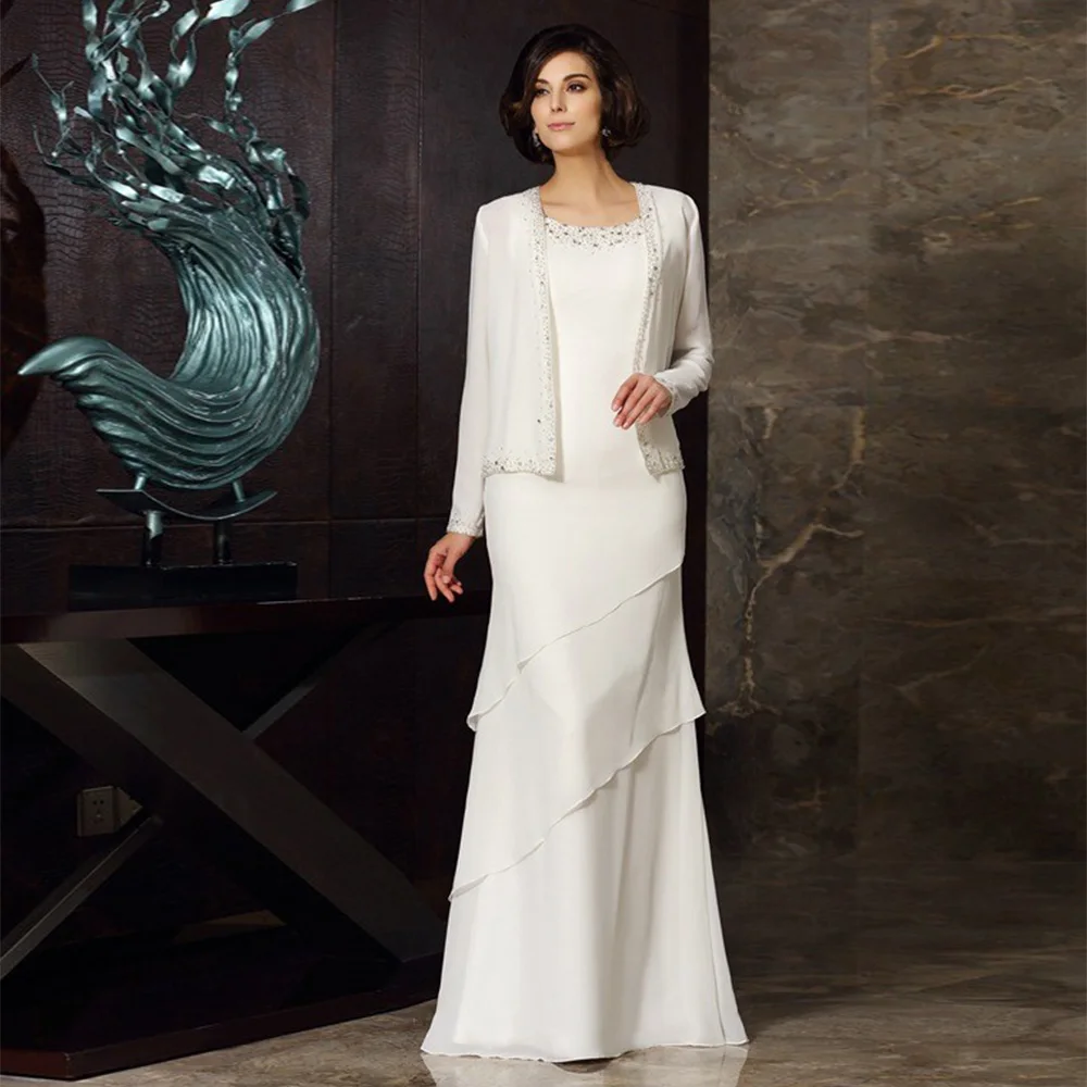 

Mother of the Bride Dresses With Jacket Sheath Floor Length Wedding Guest Gowns Scoop Long Sleeves Beaded Vestido Invitada Boda
