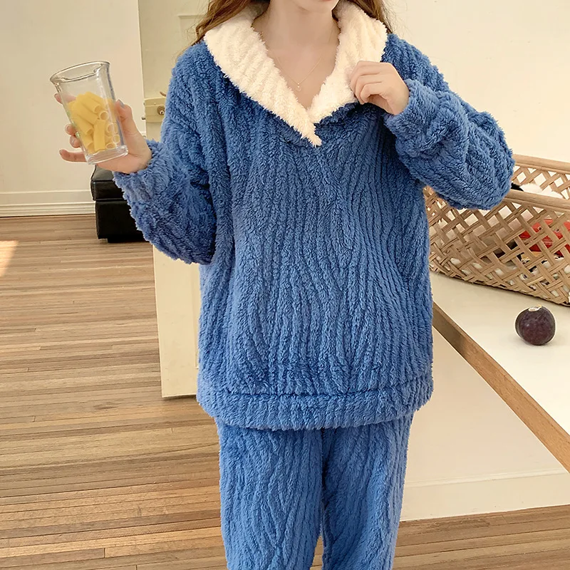 Утолщенная фланелевая женская пижама комплект из 2 предметов Пижамный костюм для