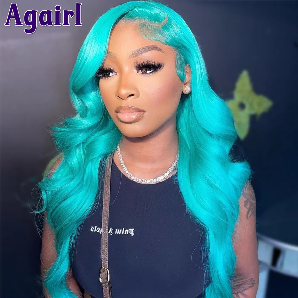 Sky Blue HD Transparent Lace Frontal Wigs 30 Inch Malaysian Colored Body Wave Human Hair Wigs for Women PrePlucked 613 Lace Wigs