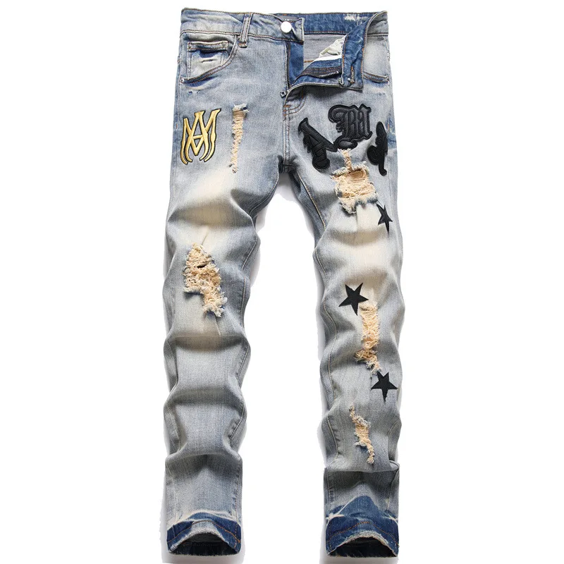 

2023 Men's Jeans Fashion New Biker Jeans Men's Distressed Stretch Ripped Hip Hop Slim Fit Holes Punk Denim Cotton Pants