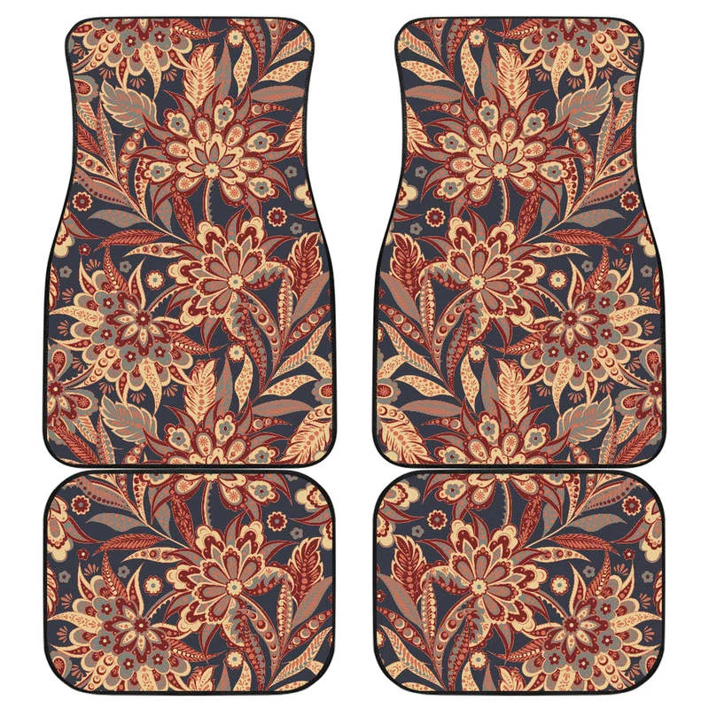 Brown Floral Bohemian Pattern Print Front and Back Car Floor Mats    Heavy Carpet Front and Rear Full Set 4PCs Pack