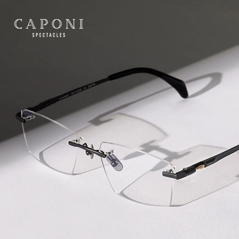 CAPONI Men's Pure Titanium Glasses Frameless Customized Prescription Glasses For Men Light Square Optical Eyeglasses Male J7532