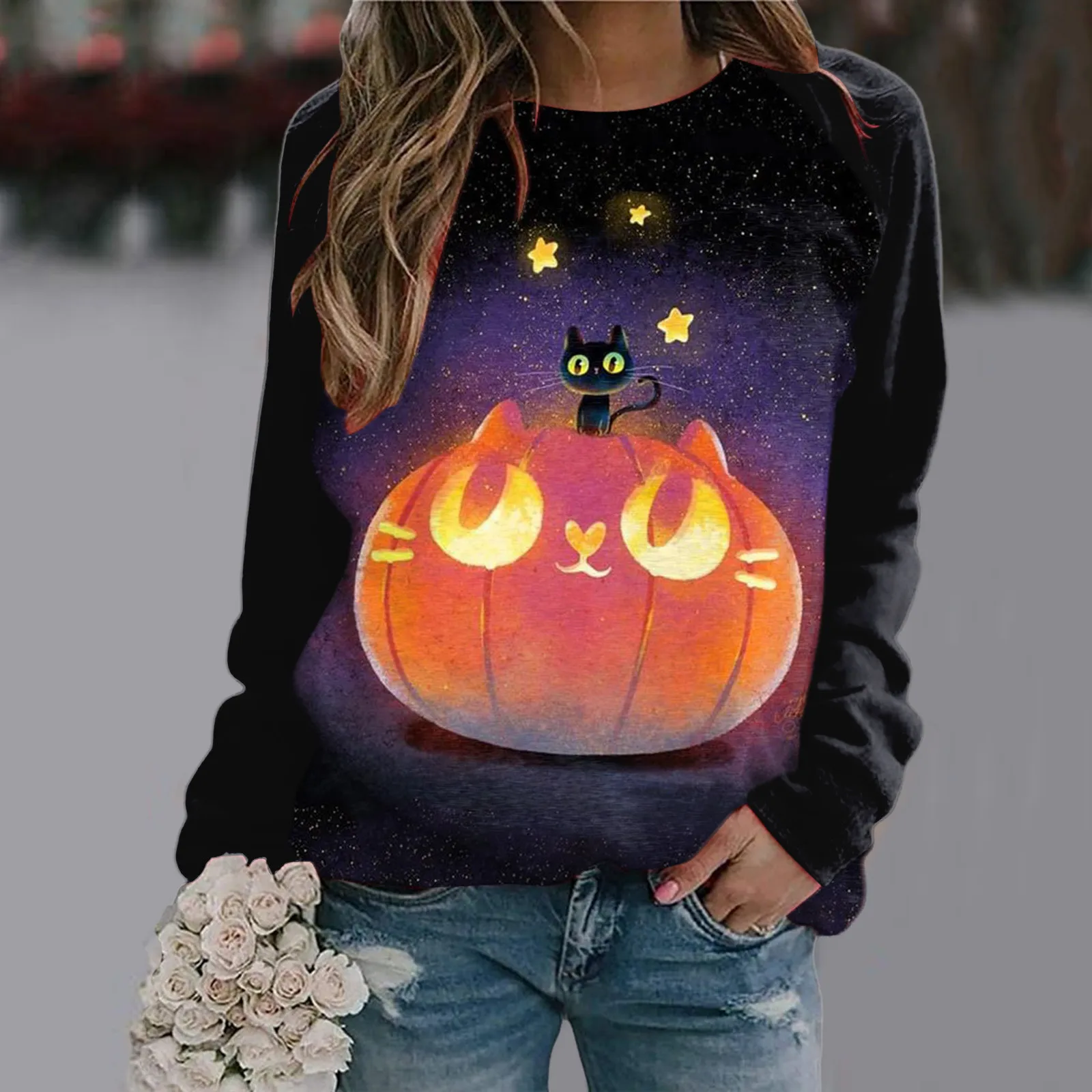 

Толстовка Женская с длинным рукавом и круглым вырезом, Модный пуловер в стиле Харадзюку, повседневный свитшот с 3d принтом тыквы и кота на Хэ...